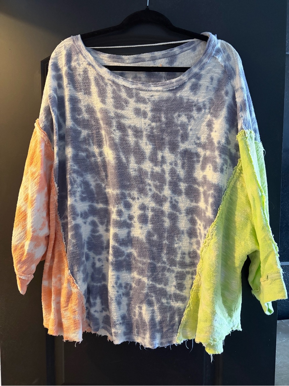 We The Free Gray Tie-Dye Top with Orange & Lime Patchwork Sleeves